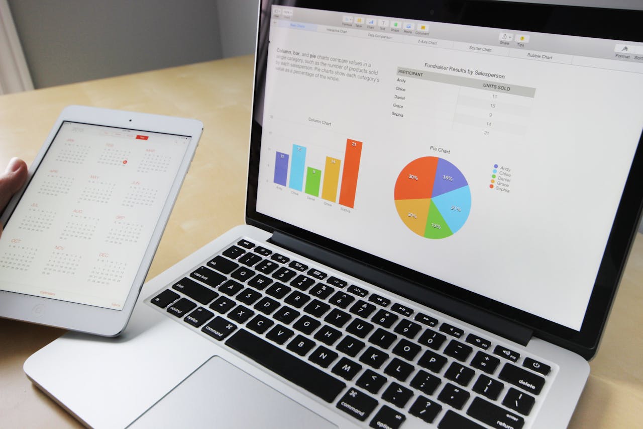 service-02 Laptop displaying charts and graphs with tablet calendar for data analysis and planning.